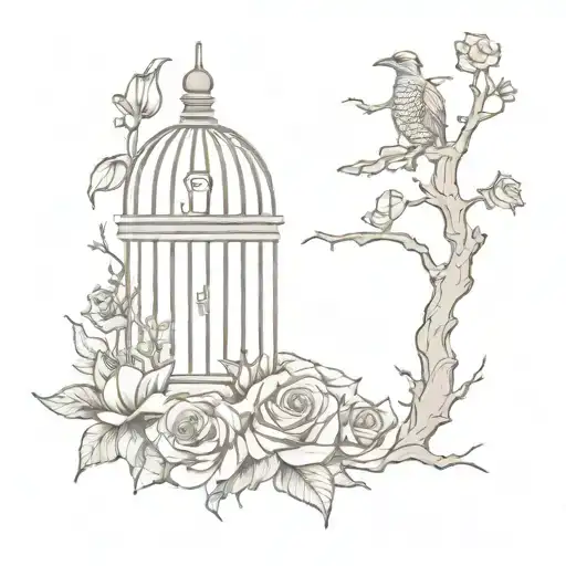 tattoo sleeve with witch, cage, grave, and flowers tattoo design idea