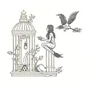 tattoo sleeve with witch, cage, grave, and flowers tattoo design idea