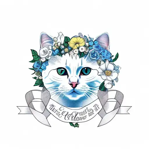 white cat, around the flowers, the inscription on the ribbon next to the flowers from below tattoo design idea