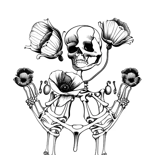 Cupped Skeleton hands craddling poppy flowers tattoo design idea