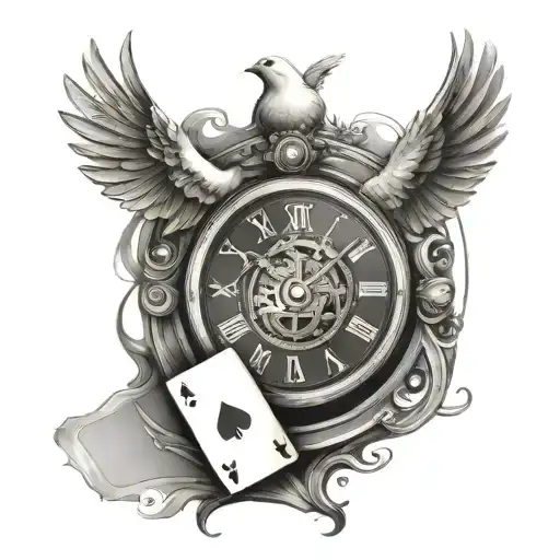strip clock, white dove, playing card game tattoo design idea