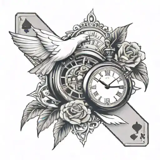 strip clock, white dove, playing card game tattoo design idea