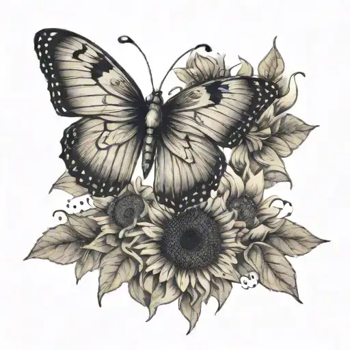 A dotwork tattoo of a delicate butterfly perched on a blooming sunflower, representing the client's love for butterflies and flowers tattoo design idea