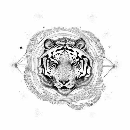 A tattoo design featuring a Gemini constellation intertwined with a majestic tiger, symbolizing duality and strength tattoo design idea