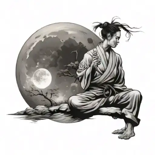 A serene landscape with a martial artist meditating under a moonlit sky tattoo design idea