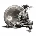 A serene landscape with a martial artist meditating under a moonlit sky tattoo design idea