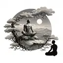 A serene landscape with a martial artist meditating under a moonlit sky tattoo design idea