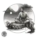 A serene landscape with a martial artist meditating under a moonlit sky tattoo design idea