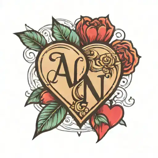 two hearts with initials A and N with an arrow connecting the two hearts and a date 18~05~23 tattoo design idea