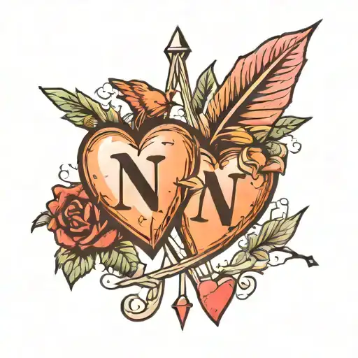 two hearts with initials A and N with an arrow connecting the two hearts and a date 18~05~23 tattoo design idea