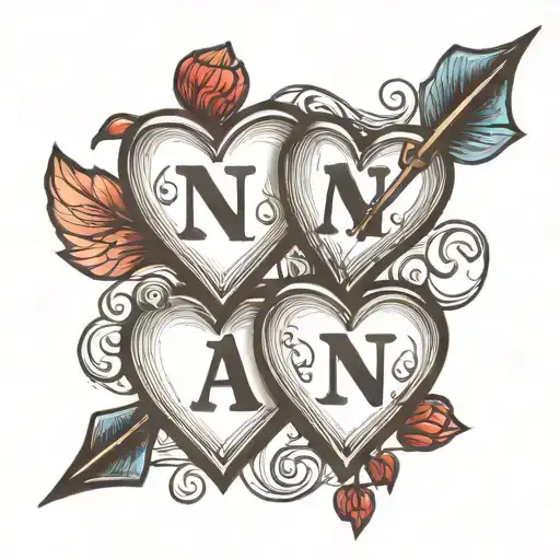 two hearts with two letters, one A and N with an arrow that joins the two hearts and below the date 05~18~23 tattoo design idea