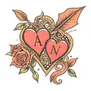 two hearts with initials A and N with an arrow connecting the two hearts and a date 18~05~23 tattoo design idea