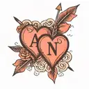 two hearts with initials A and N with an arrow connecting the two hearts and a date 18~05~23 tattoo design idea