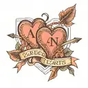 two hearts with initials A and N with an arrow connecting the two hearts and a date 18~05~23 tattoo design idea