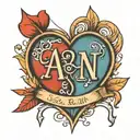 two hearts with initials A and N with an arrow connecting the two hearts and a date 18~05~23 tattoo design idea