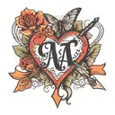 two hearts with initials A and N with an arrow connecting the two hearts and a date 18~05~23 tattoo design idea