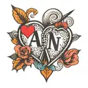 two hearts with initials A and N with an arrow connecting the two hearts and a date 18~05~23 tattoo design idea