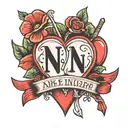 two hearts with initials A and N with an arrow connecting the two hearts and a date 18~05~23 tattoo design idea