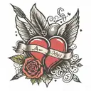 two hearts with initials A and N with an arrow connecting the two hearts and a date 18~05~23 tattoo design idea