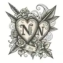 two hearts with initials A and N with an arrow connecting the two hearts and a date 18~05~23 tattoo design idea