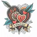 two hearts with initials A and N with an arrow connecting the two hearts and a date 18~05~23 tattoo design idea