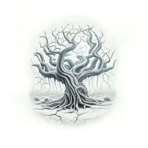 eldritch horror like, scary tree with monster  tattoo design idea