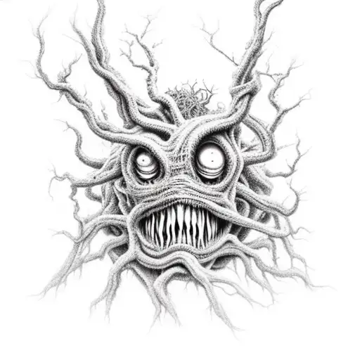 eldritch horror, scary tree with a monster wrapped around it tattoo design idea