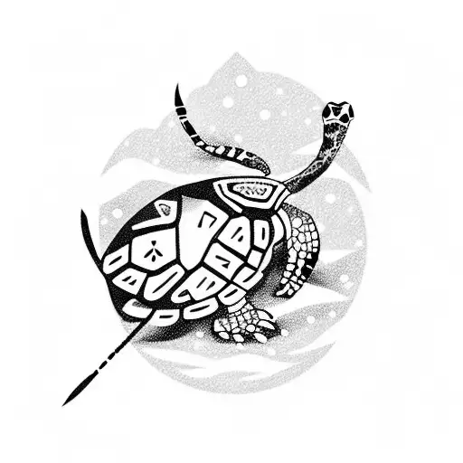 A turtle with snow-capped mountains on it's shell and Kokopelli playing his flute tattoo design idea