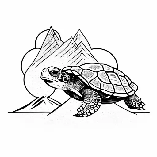 A turtle back ground with snow-capped mountains on it's shell. There is a river that runs through the mountains  tattoo design idea