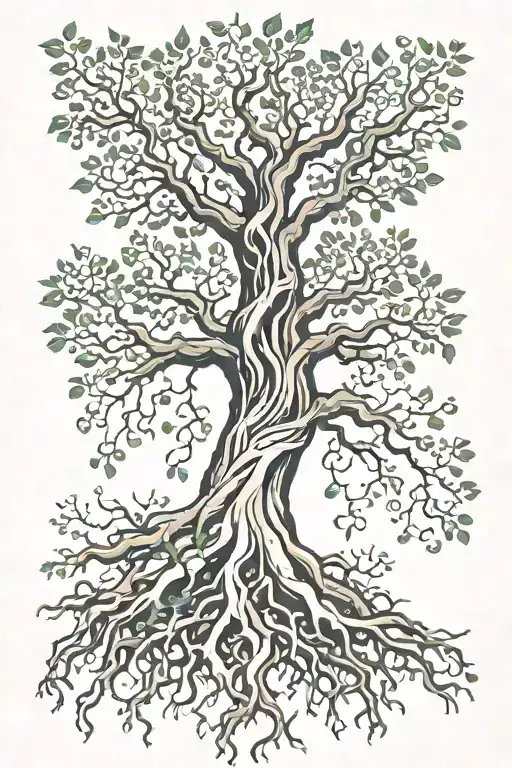 yggdrasil tree, roots, leafs spreading tattoo design idea