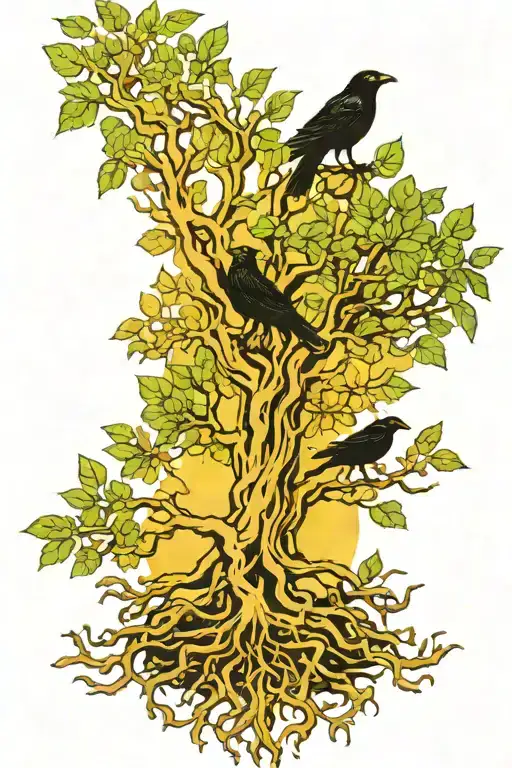 yggdrasil tree, roots, leafs spreading, no flowers, green, gold, black, white, crows tattoo design idea
