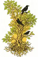 yggdrasil tree, roots, leafs spreading, no flowers, green, gold, black, white, crows tattoo design idea