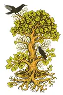 yggdrasil tree, roots, leafs spreading, no flowers, green, gold, black, white, crows tattoo design idea