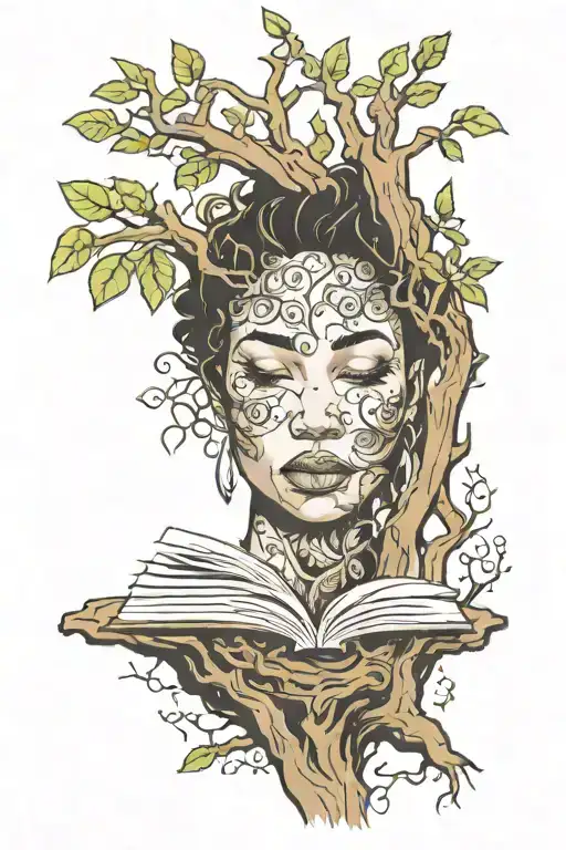 biracial women's face in a tree with roots and books  tattoo design idea