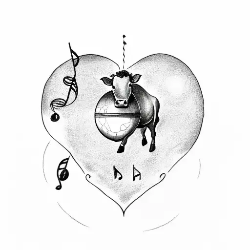 A whimsical sketch-style tattoo of a cow jumping over a heart-shaped moon with music notes floating around tattoo design idea