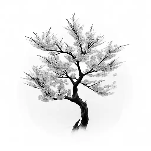 A black and grey tattoo of a Japanese cherry blossom tree with a hidden FPS game controller integrated into the branches tattoo design idea