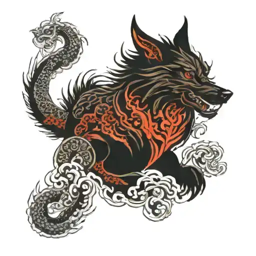 black wolf and dragon wrapping tattoo design idea