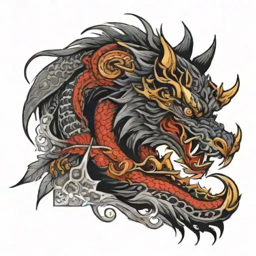 black wolf and dragon wrapping tattoo design idea