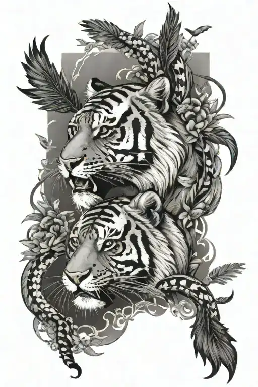 A tiger and snake with the sunshine in the background and birds flying away  tattoo design idea