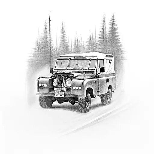 A vintage Land Rover driving through a forest of woodworking tools tattoo design idea