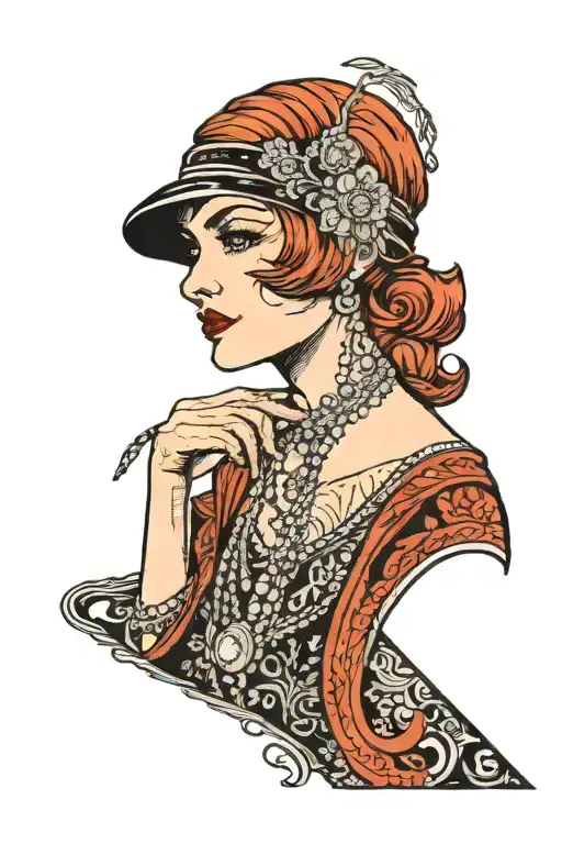 flapper, short straight red hair, aquiline nose, gaze towards the horizon  tattoo design idea