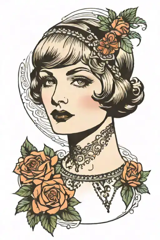 flapper, short straight hair, looking towards the horizon, aquiline nose  tattoo design idea