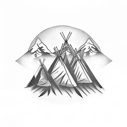 Teepees and mountains hunting and fishing tattoo design idea