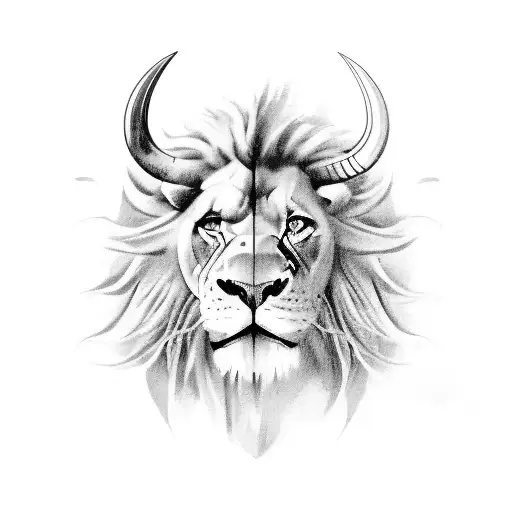 A realistic portrait of a Taurus bull with a lion background, combining black-grey style including women with arrow tattoo design idea