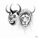 realistic portrait of a Taurus bull and lion with women infront tattoo design idea
