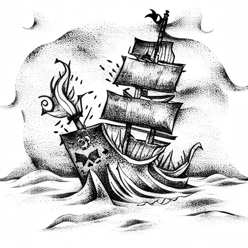 pirate ship with mermaid on rock in the distance  tattoo design idea