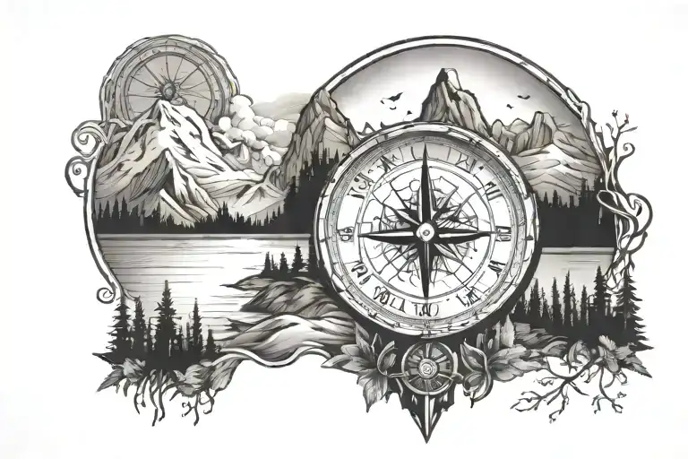 mountain range with forest, river and compass surrounded tattoo design idea