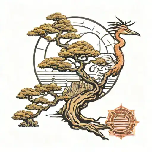 pine tree bonsai and crane and zen sun   tattoo design idea