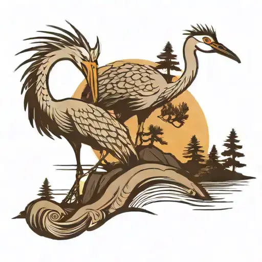 pine tree and crane and sun and rock and wave  tattoo design idea