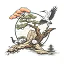 pine tree bonsai and crane and zen sun   tattoo design idea